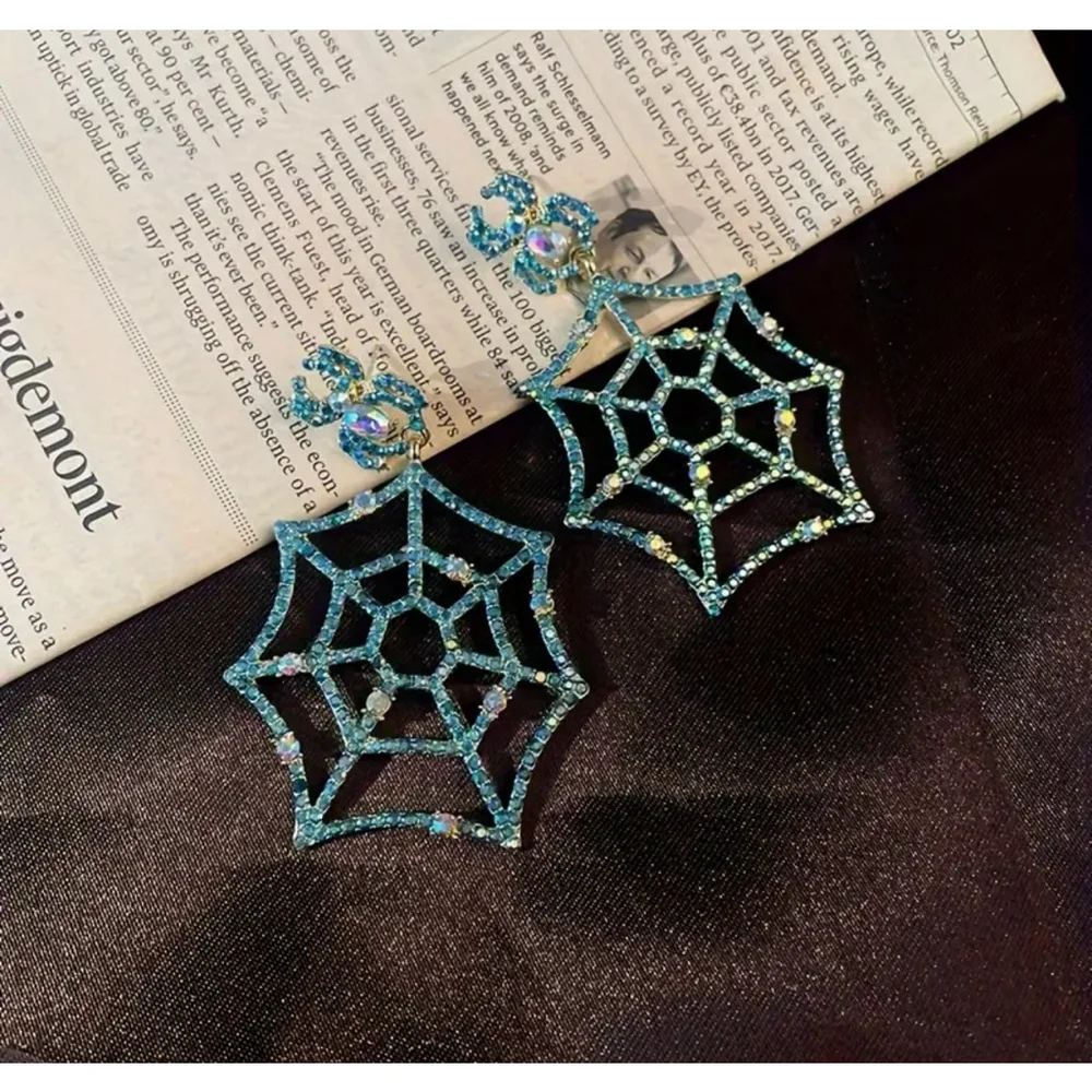Blue Rhinestone Spider Web Stud Back Drop Earrings